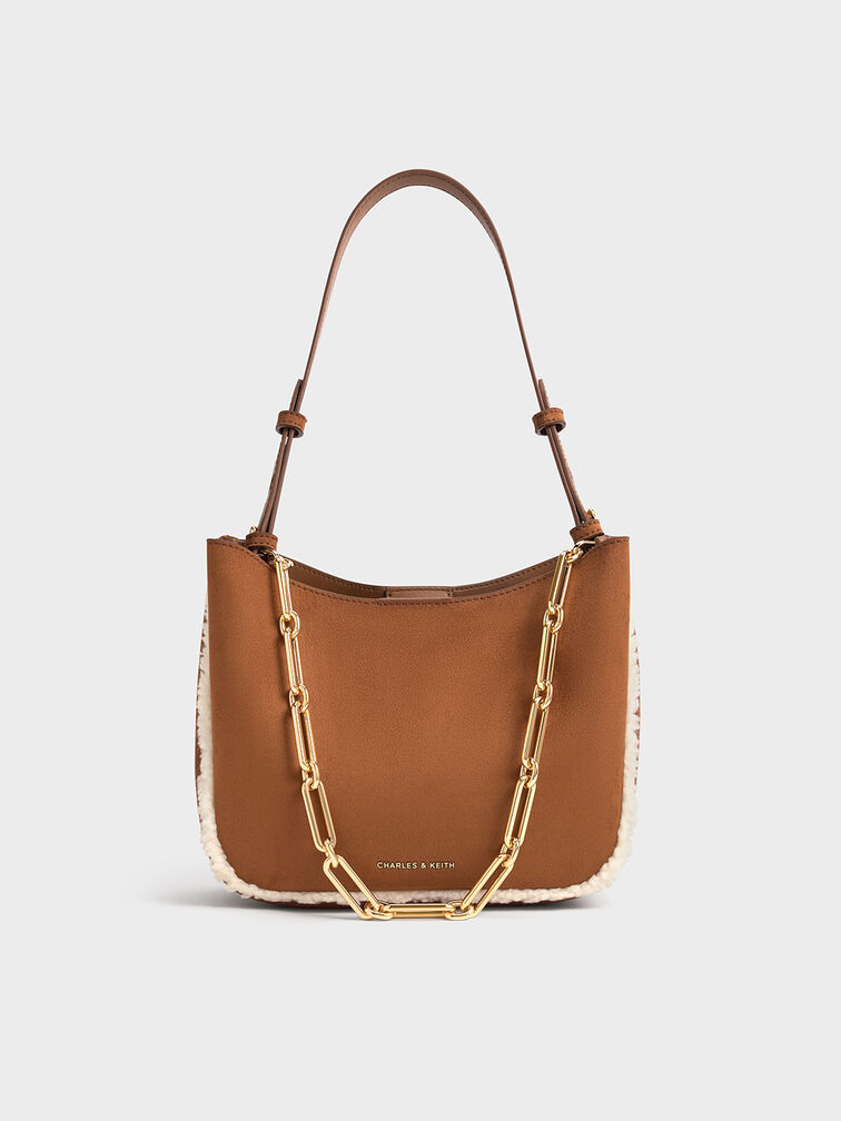 Robyn Faux Suede Fur-Trim Chain-Handle Bag, Brown, hi-res