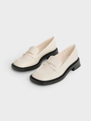 Metallic Penny Tab Loafers, Cream, hi-res