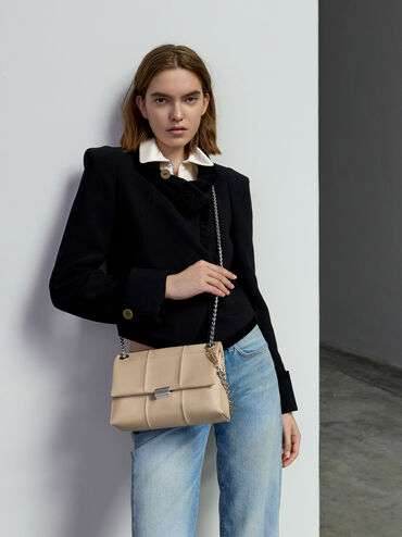 Delfina Quilted Chain-Strap Shoulder Bag, Sand Beige, hi-res