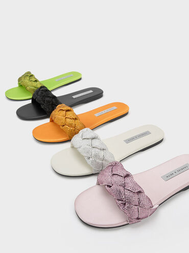 Gem-Embellished Braided Strap Slides, Black, hi-res