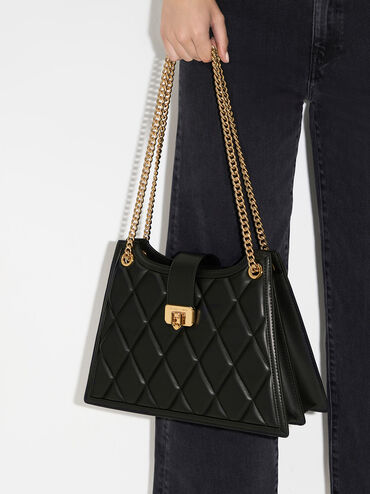 Cressida Quilted Trapeze Chain Bag, Black, hi-res