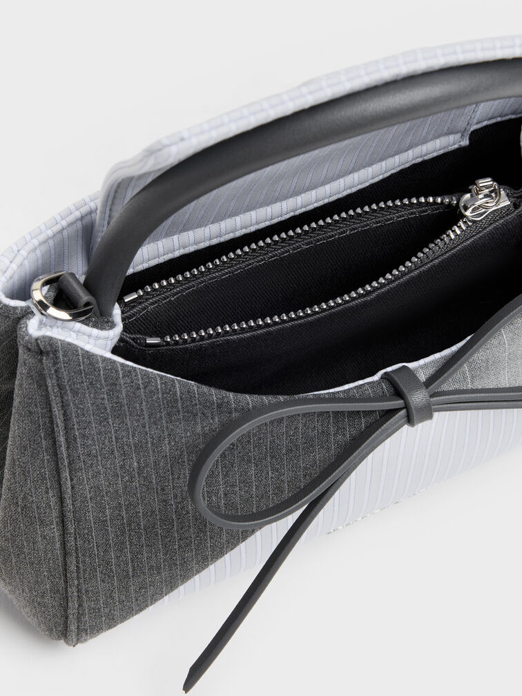 Hazel Striped Bow Panelled Top Handle Bag, Grey, hi-res