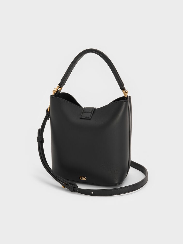 Gabine Leather Belted Top-Handle Bucket Bag, Black, hi-res