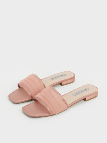 Recycled Polyester & Chiffon Ruched Slides, Nude, hi-res