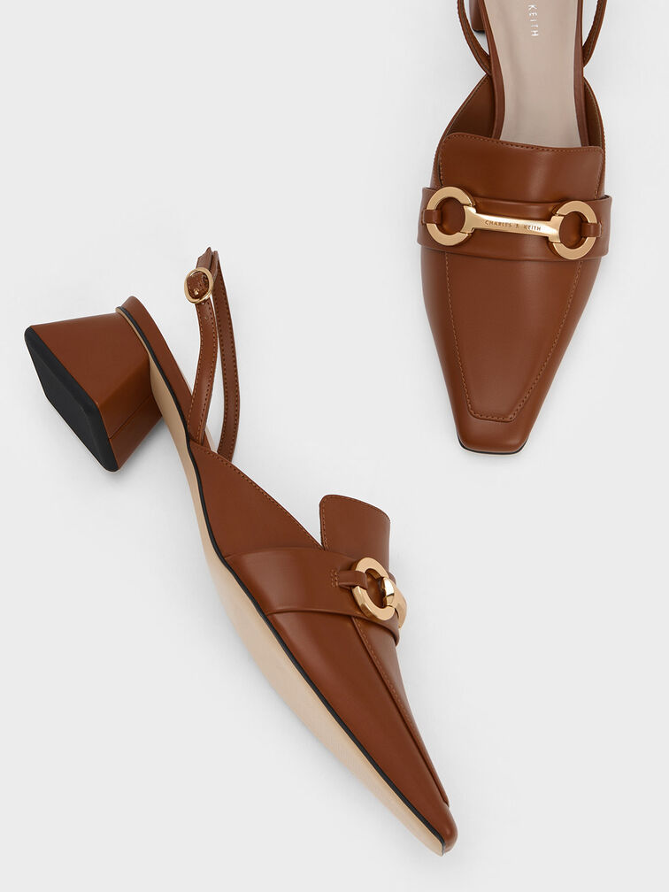Metallic Bar Slingback Pumps, Cognac, hi-res