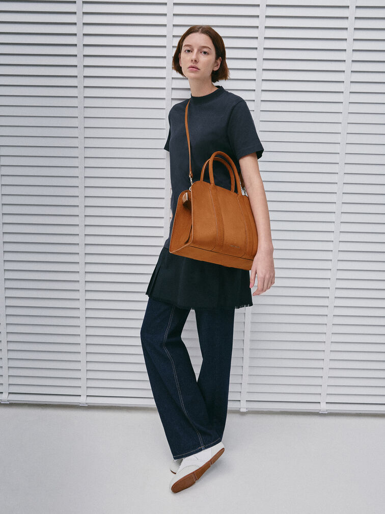 Axel Faux Suede Bowling Bag, Brown, hi-res