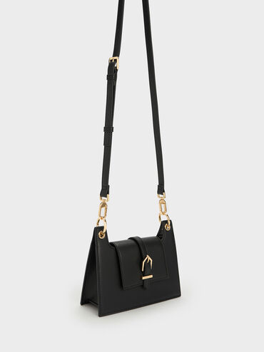 Belted Front Flap Shoulder Bag, Black, hi-res
