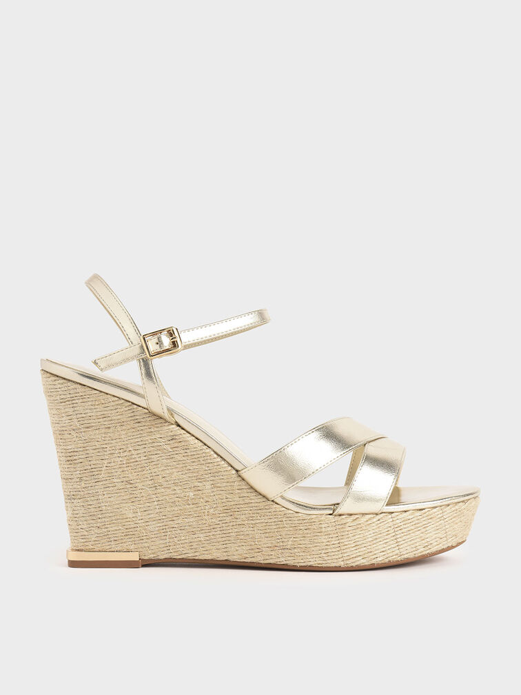 Metallic Asymmetric Strap Platform Wedges, Gold, hi-res