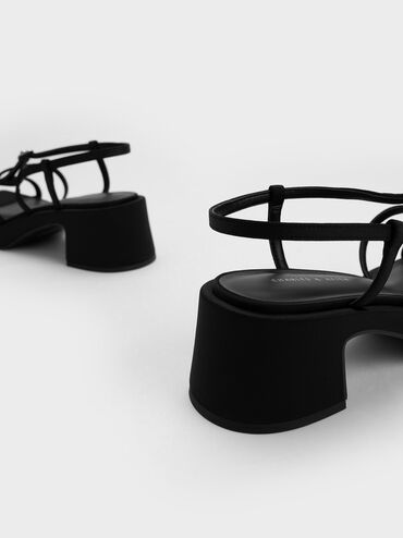 Selene Flower-Buckle Strappy Sandals, Black, hi-res