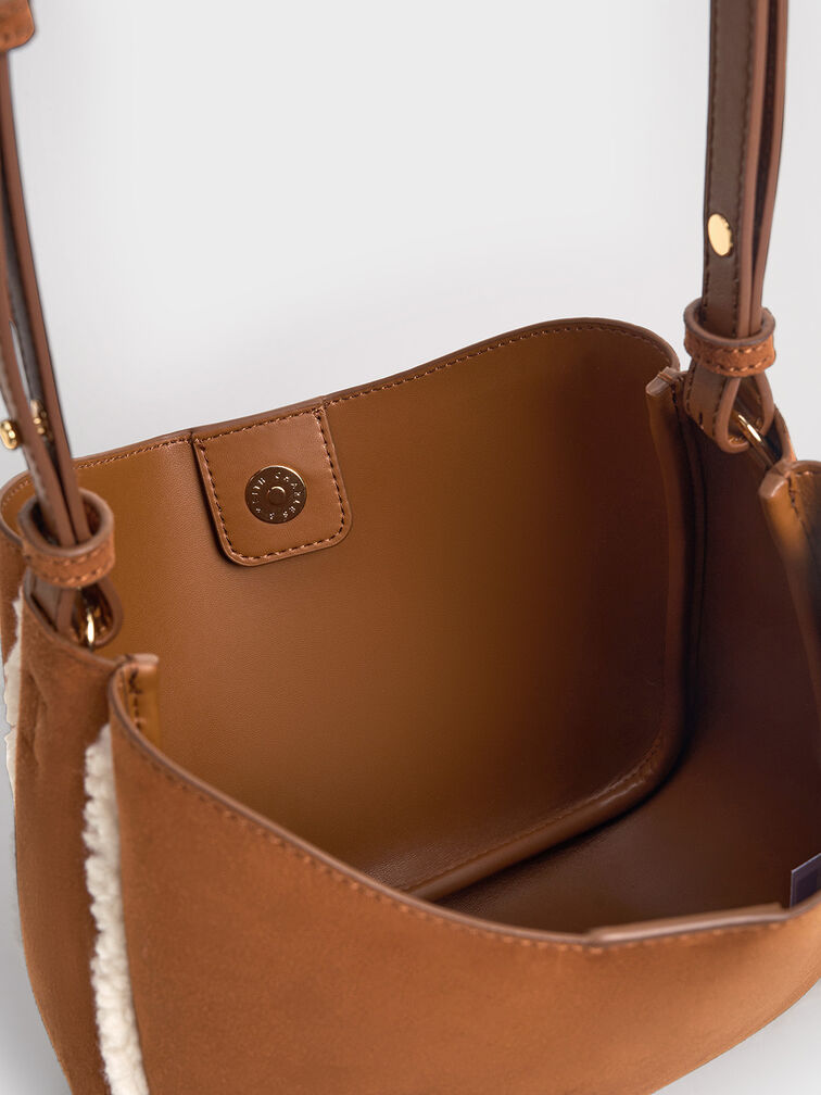 Robyn Faux Suede Fur-Trim Chain-Handle Bag, Brown, hi-res