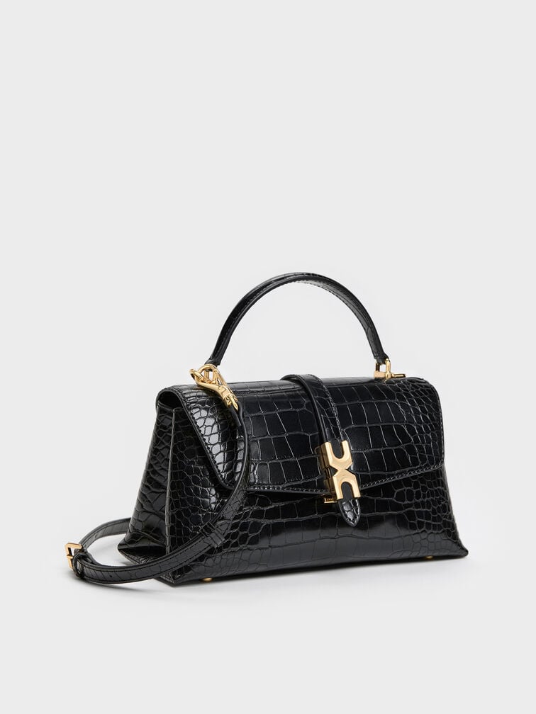 Adalyn Croc-Effect Metallic-Buckle Chain-Strap Top Handle Bag, Black Croco, hi-res