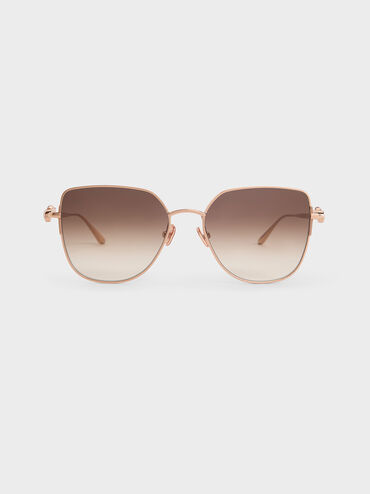 Crystal-Embellished Metal-Rim Butterfly Sunglasses, Rose Gold, hi-res