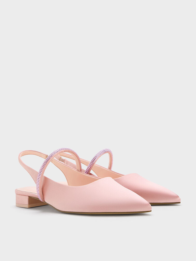 Satin Crystal-Strap Pointed-Toe Slingback Flats, Light Pink, hi-res