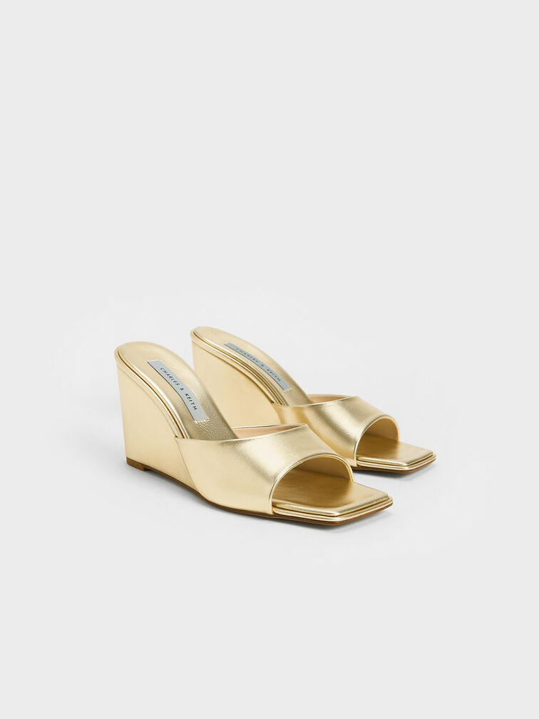 Metallic Square-Toe Wedges, Gold, hi-res