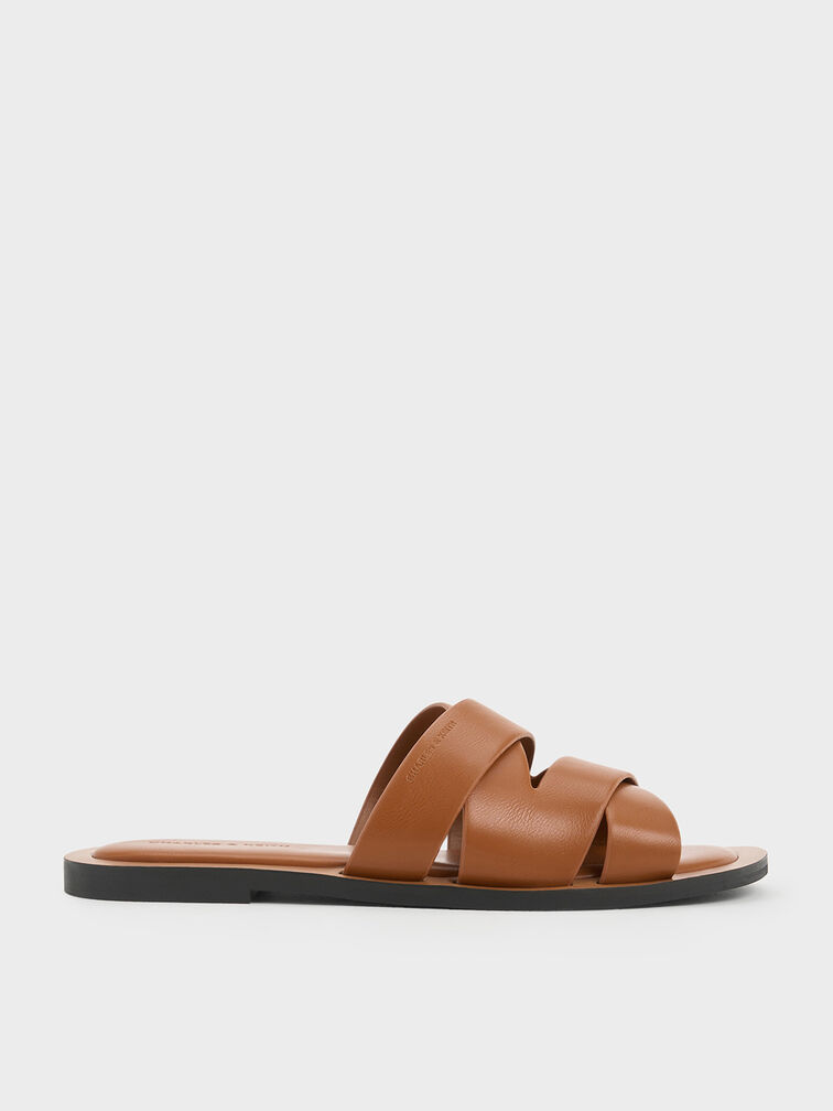 Strappy Crossover Slide Sandals, Cognac, hi-res