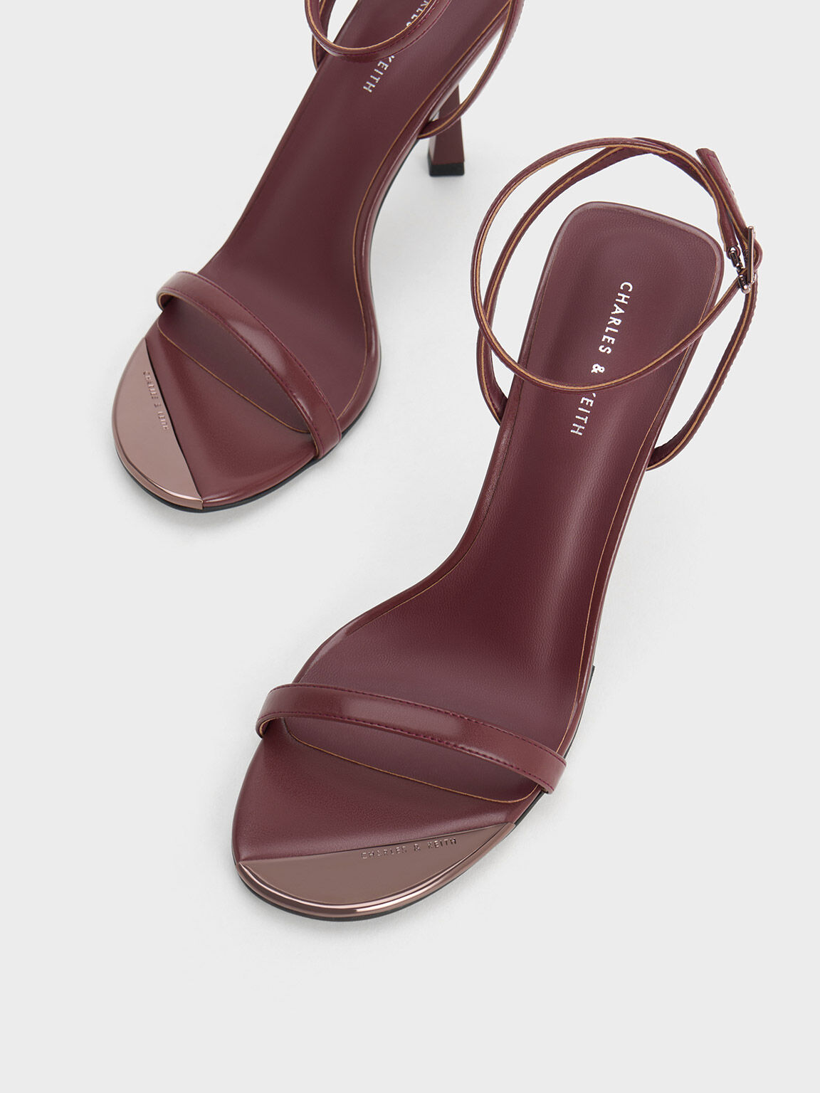 Maroon Metallic Cap Ankle Strap Heeled Sandals CHARLES KEITH IN