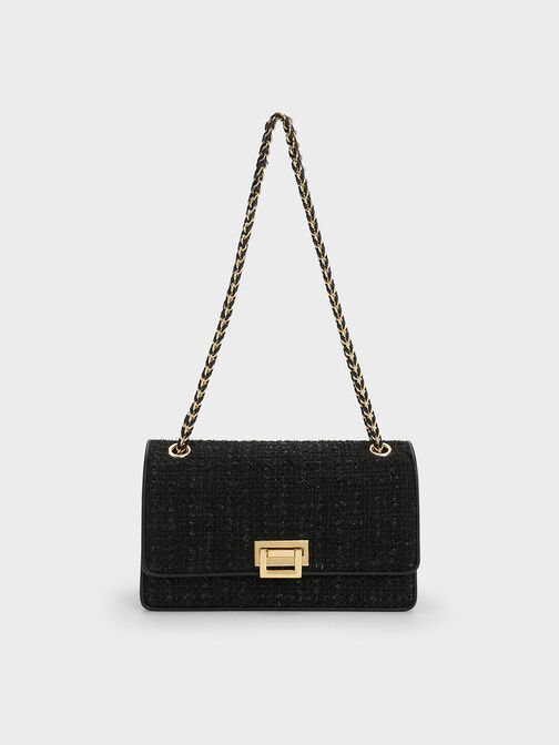Metallic Push-Lock Tweed Bag, Black, hi-res