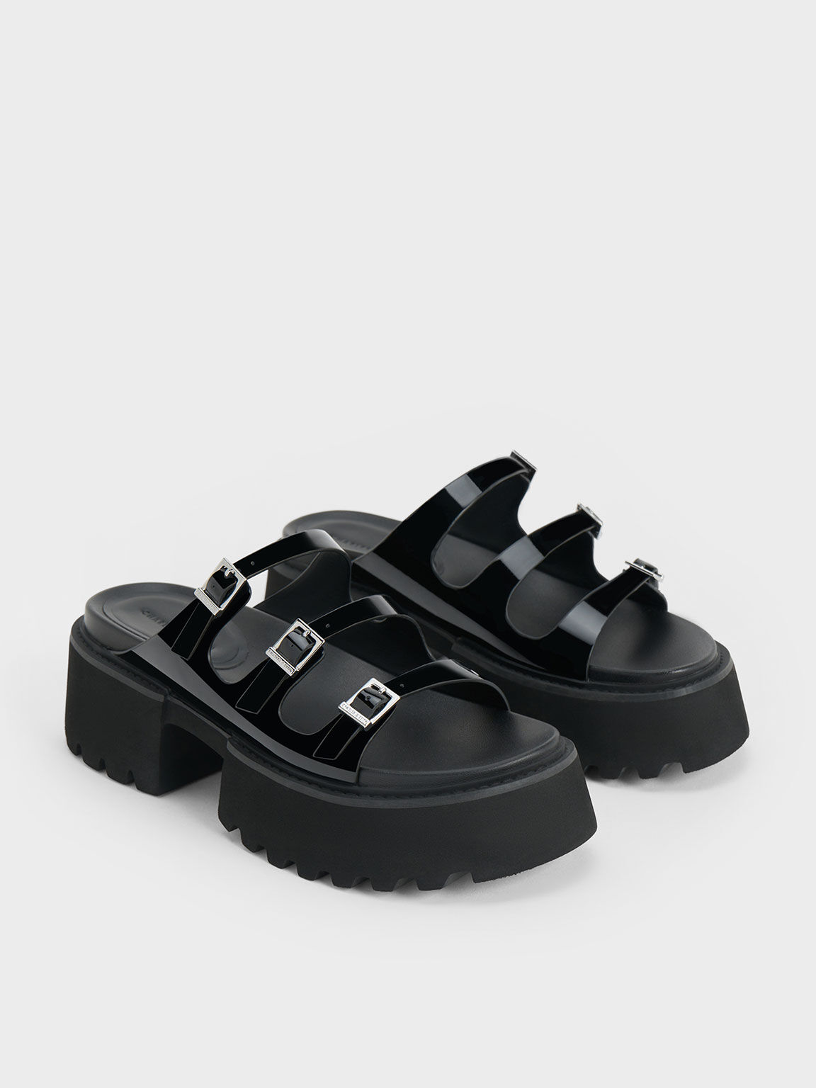 Nadine Patent Triple Strap Platform Sandals Black Patent