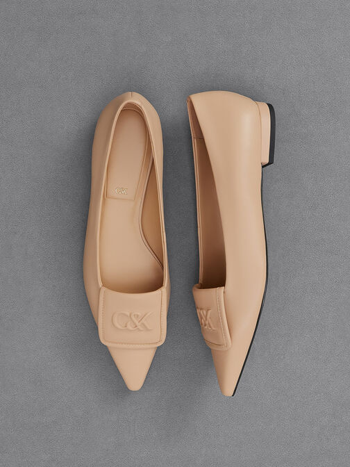 Leather Pointed-Toe Flats, Nude, hi-res