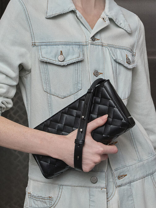Ivette Woven Elongated Shoulder Bag, Noir, hi-res