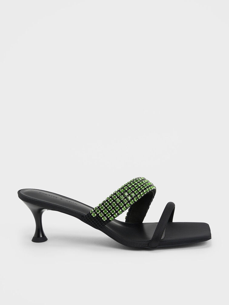 Gem Embellished Strappy Mules, Green, hi-res