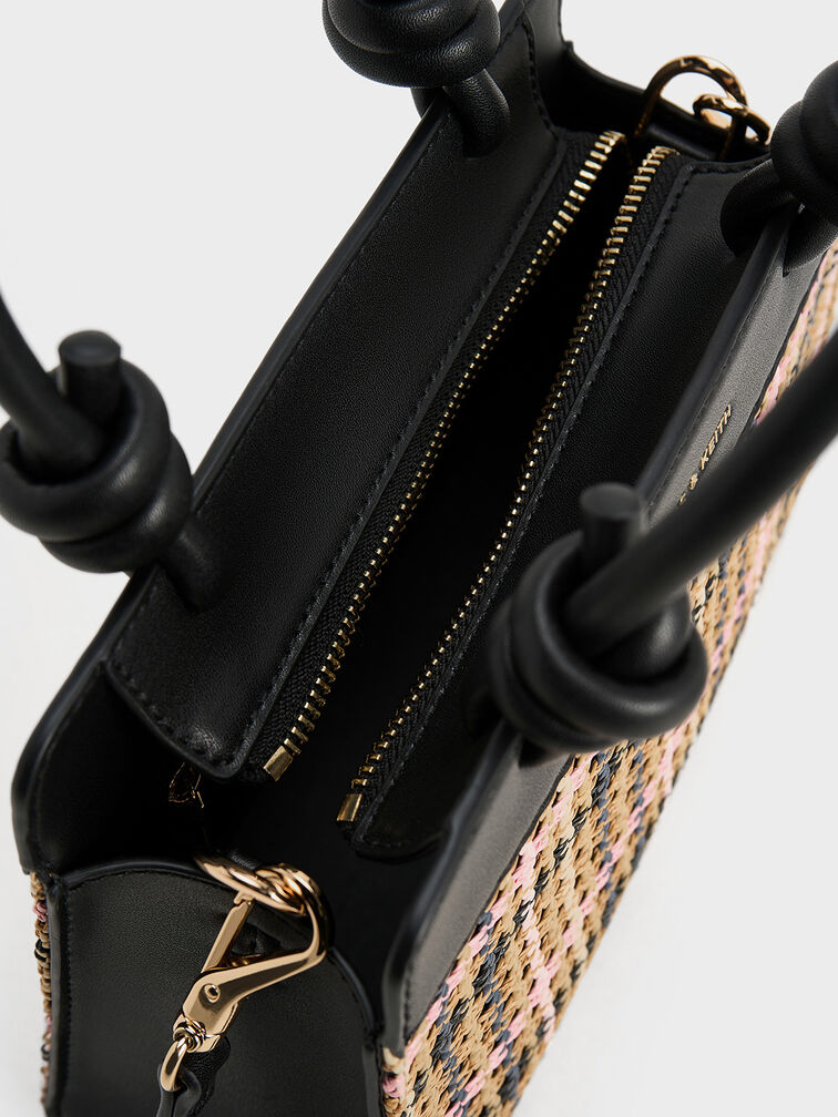 Sabine Tartan Knotted-Handle Tote Bag, Tartan Straw, hi-res
