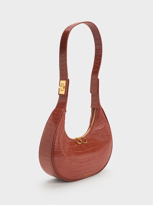 Croc-Embossed Crescent Hobo Bag, Brown, hi-res