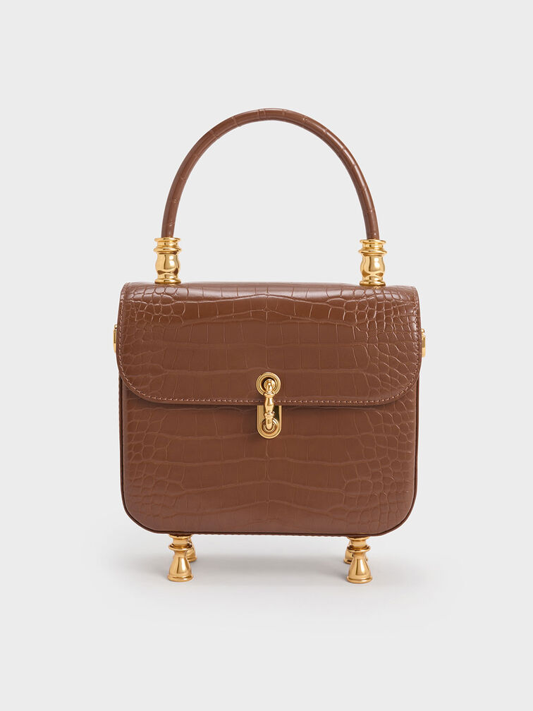 Meriah Croc-Embossed Top Handle Bag, Chocolate, hi-res