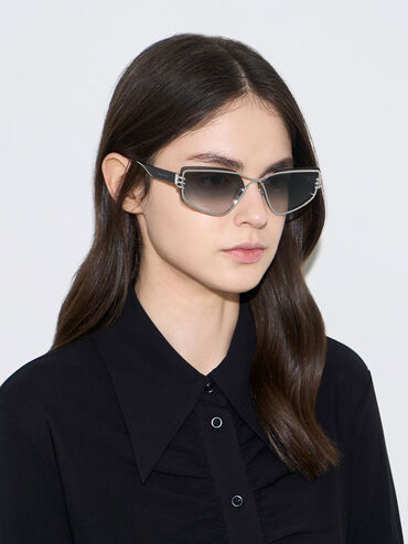 Metallic-Rimmed Geometric Sunglasses, Black, hi-res