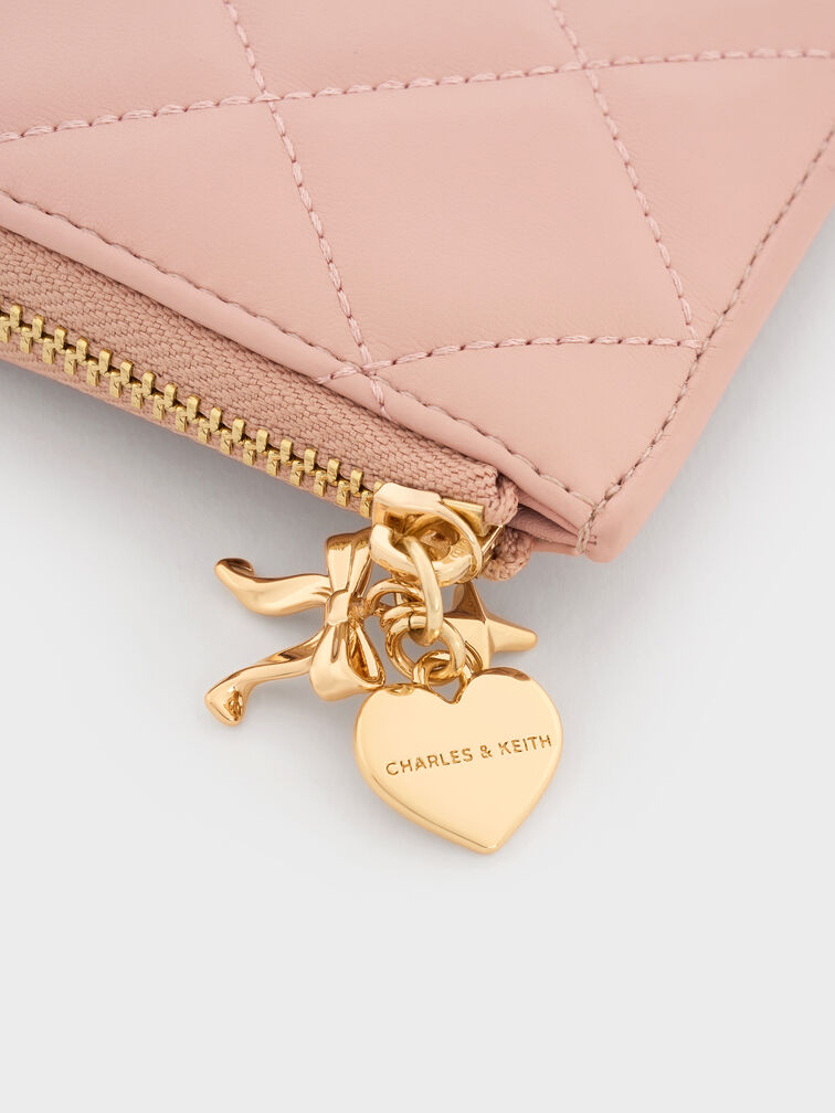 Arrietty Quilted Bow-Heart Charm Zip-Around Wallet, Light Pink, hi-res