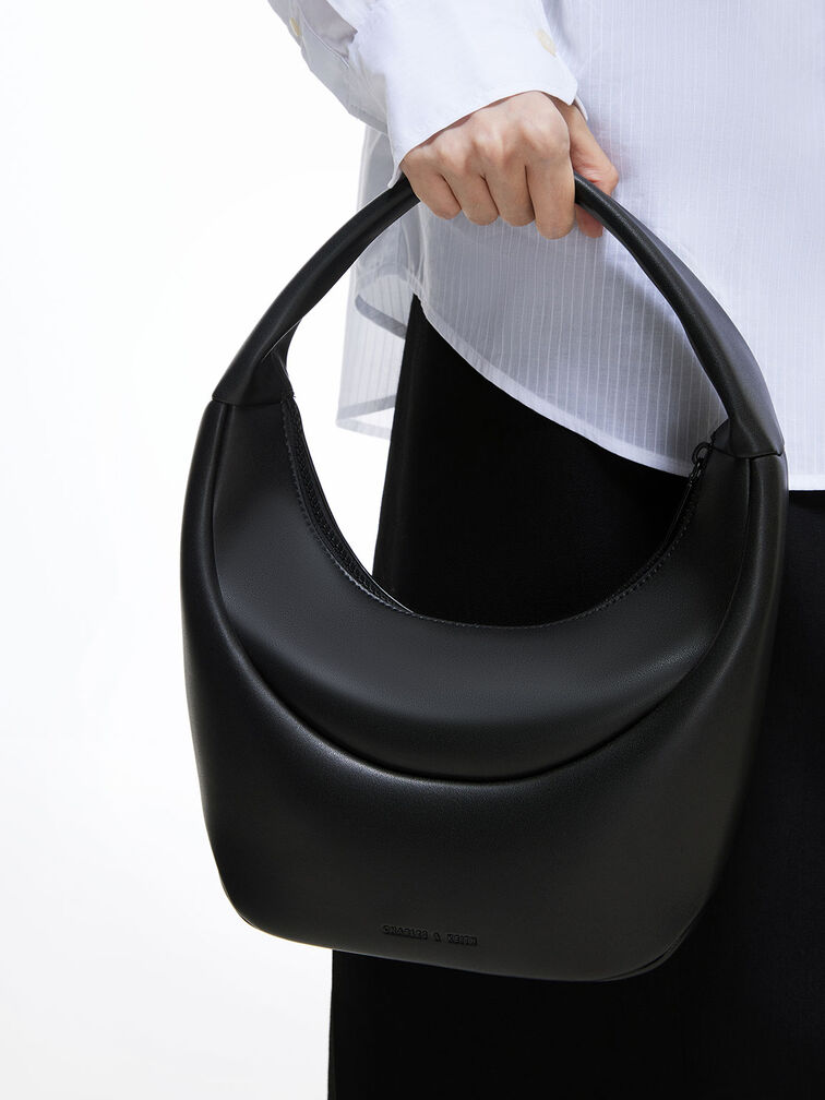 Elongated Curved Hobo Bag, Black, hi-res