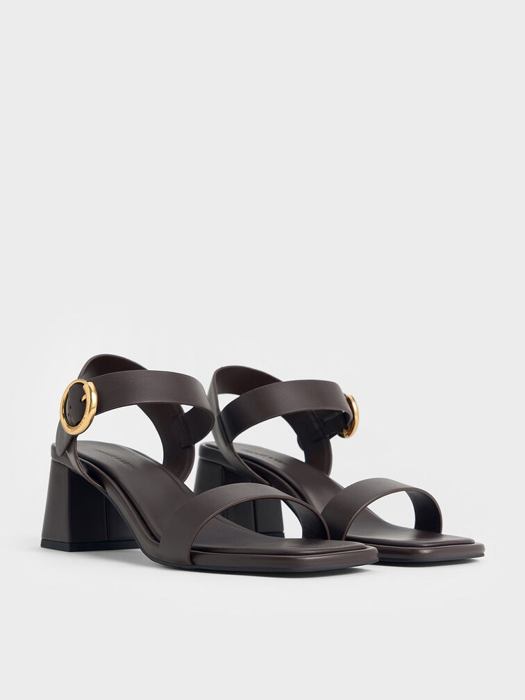 Buckled Square-Toe Trapeze-Heel Sandals, Dark Brown, hi-res