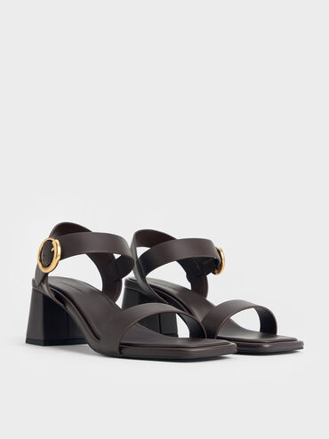 Buckled Square-Toe Trapeze-Heel Sandals, Dark Brown, hi-res