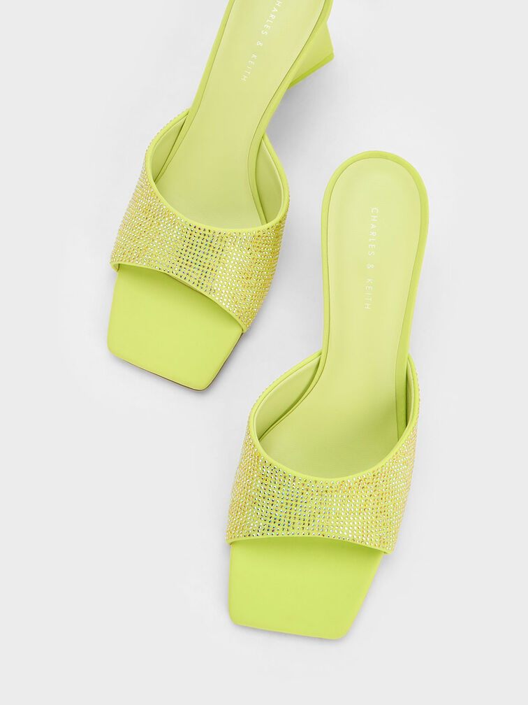 Gem-Embellished Geometric Mules, Lime, hi-res