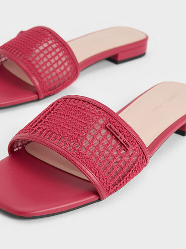 Mesh Knitted Slide Sandals, Red, hi-res