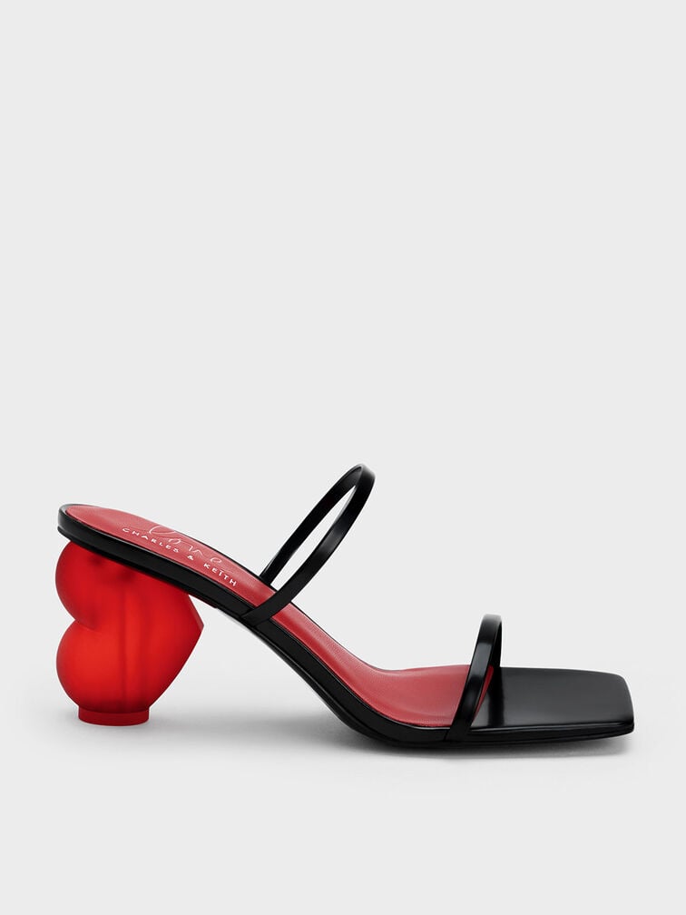 Heart Heel Strappy Sandals, Black, hi-res