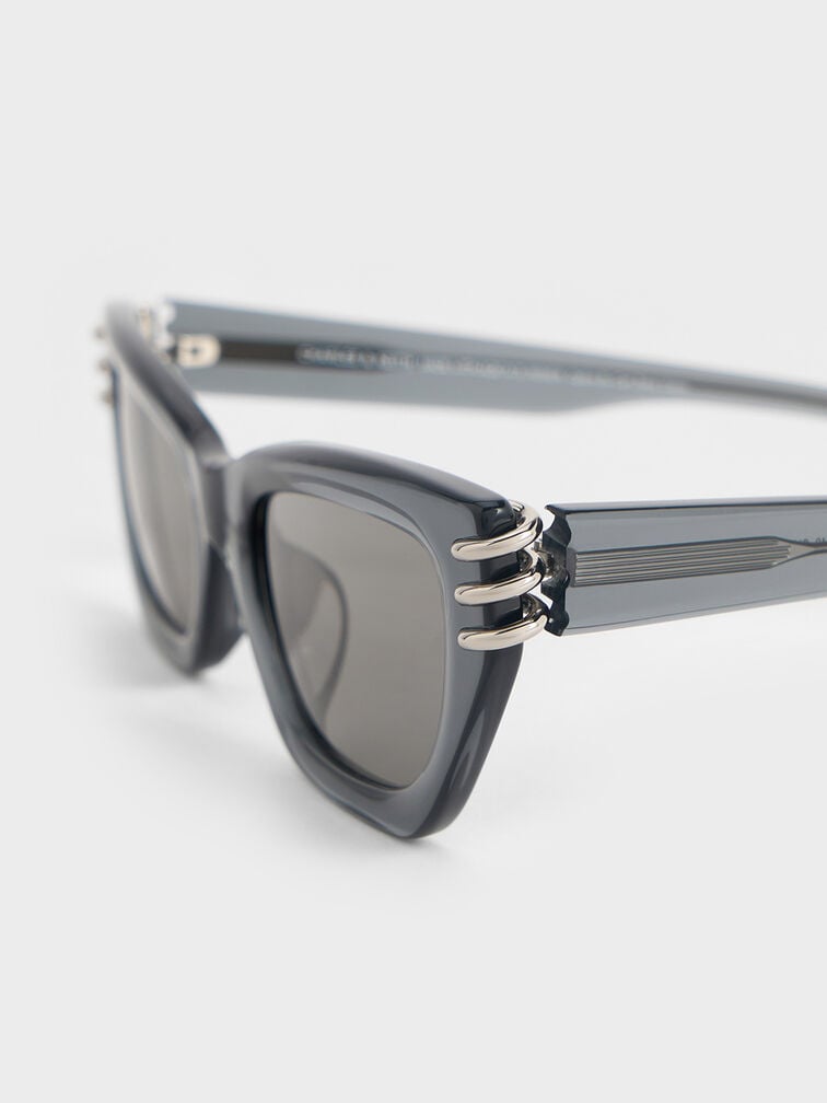 Recycled Acetate Metallic-Accent Angular Cat-Eye Sunglasses, Navy, hi-res