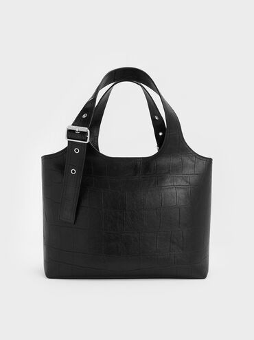 Liv Croc-Effect Tote Bag, Noir, hi-res