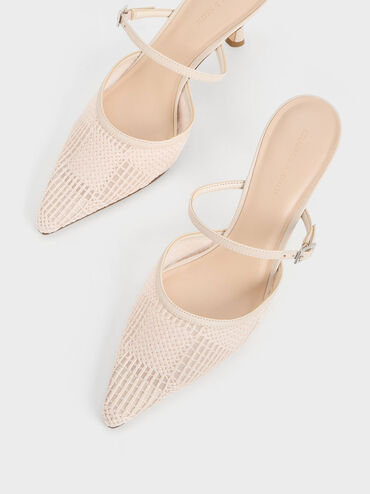 Mesh Woven Heeled Mules, Cream, hi-res
