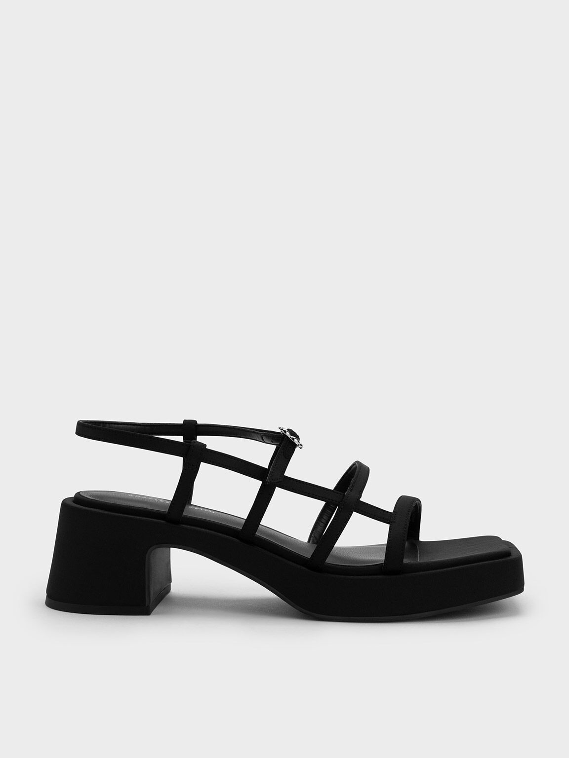 Flower-Buckle Strappy Sandals, Black, hi-res