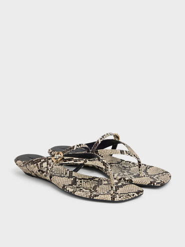 Snake-Print Buckled Thong Wedge Sandals, Animal Print Natural, hi-res
