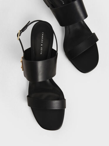 Buckle Strap Sandals, Black, hi-res