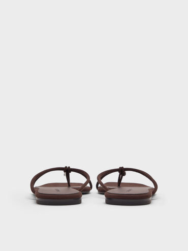 Faux Suede Metallic-Charm Strappy Thong Sandals, Dark Brown Textured, hi-res