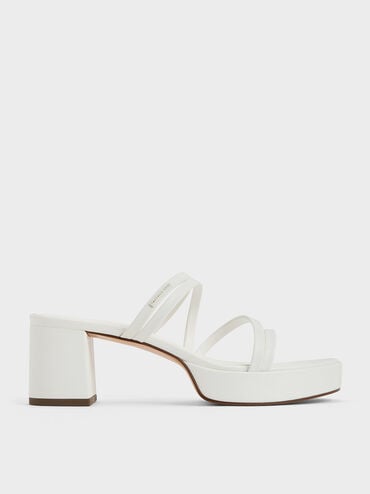 Strappy Trapeze-Heel Mules, White, hi-res