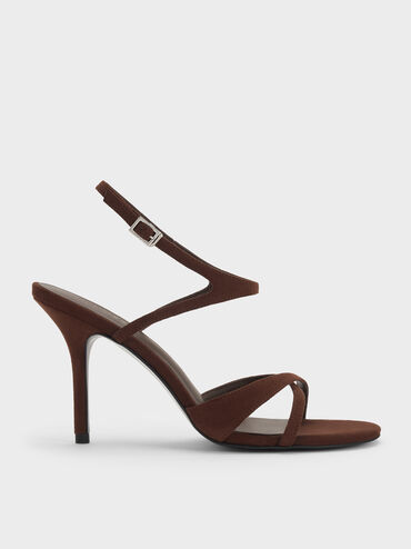 Faux Suede Crossover Stiletto Sandals, Dark Brown Textured, hi-res