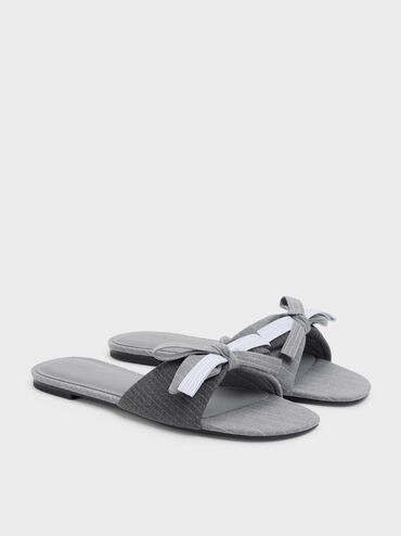 Striped Knot-Bow Slide Sandals, Grey, hi-res