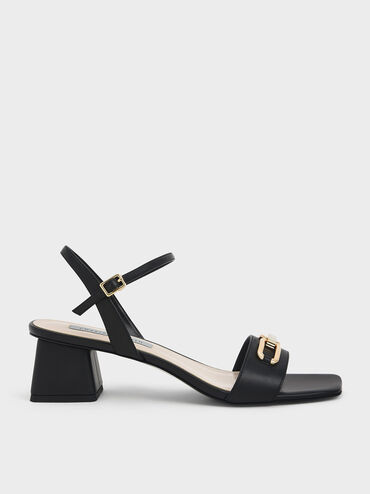 Chain Link Ankle Strap Sandals, Black, hi-res