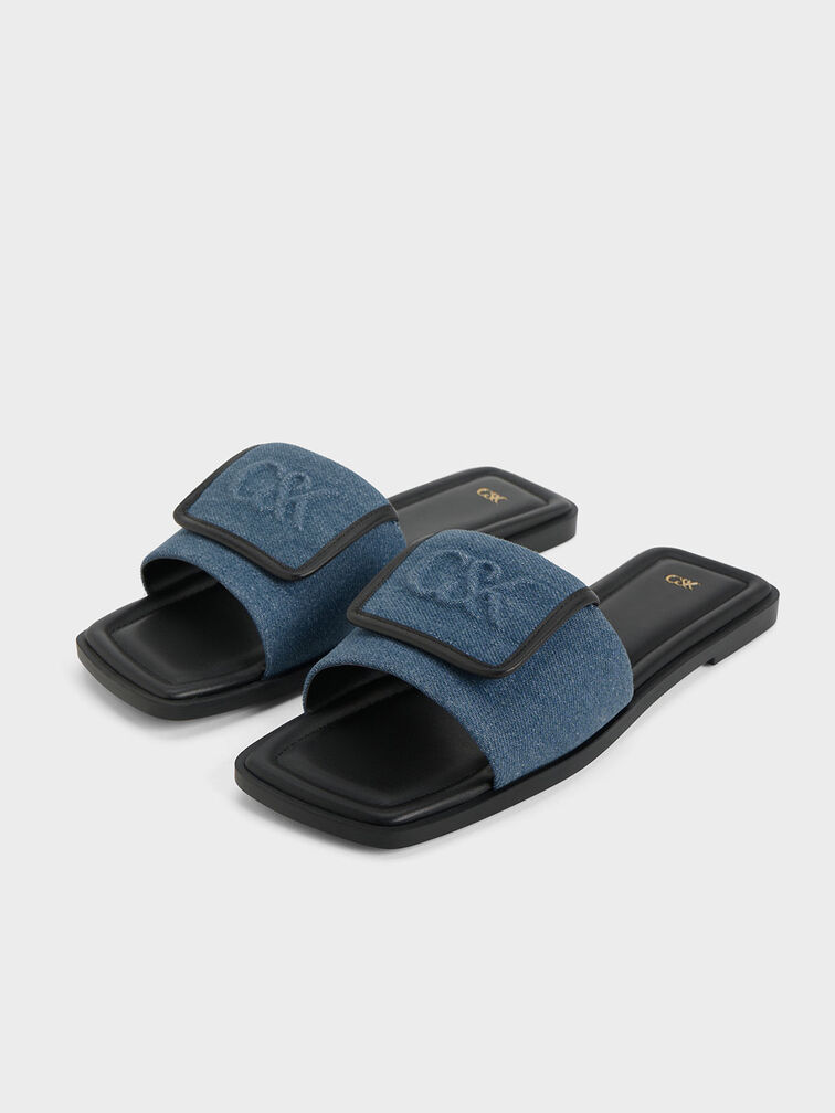 Leather & Denim Slide Sandals, Blue, hi-res