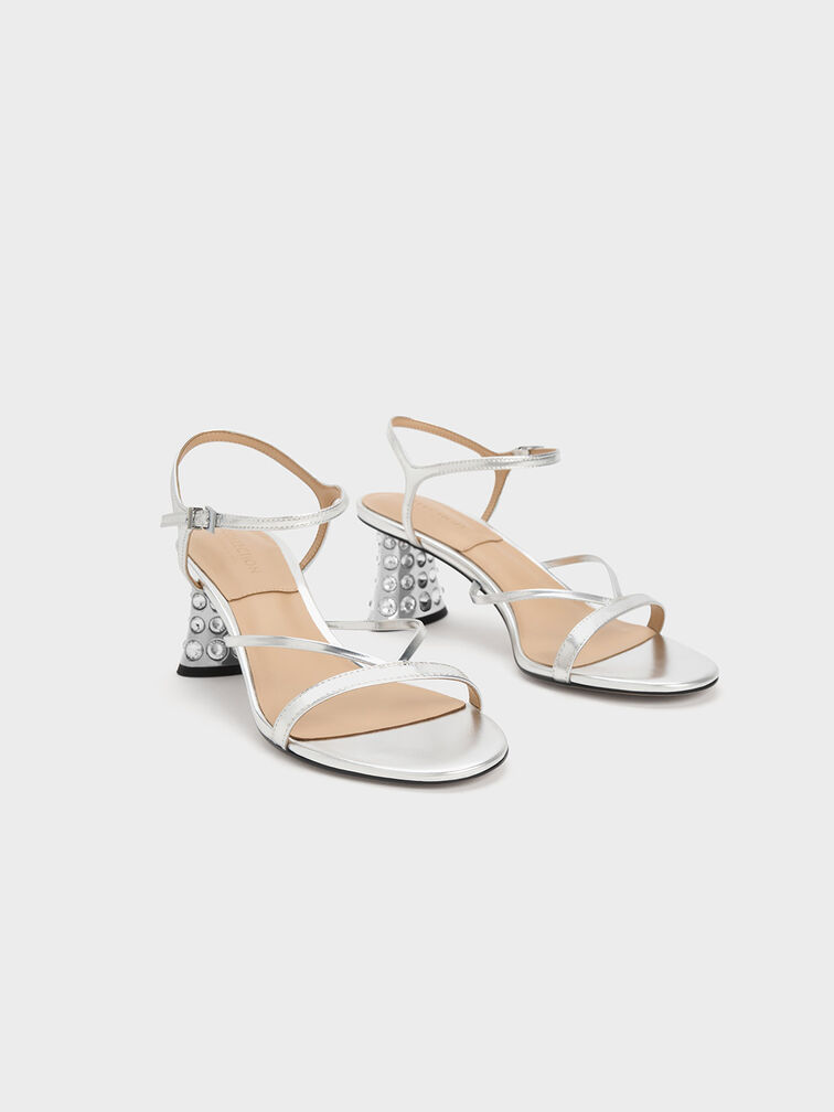 Embellished Heel Metallic Leather Sandals, Silver, hi-res