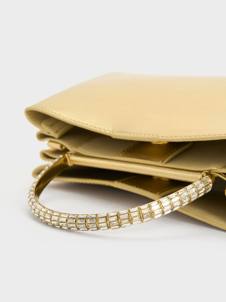 Metallic Leather Gem-Embellished Top Handle Bag, Gold, hi-res